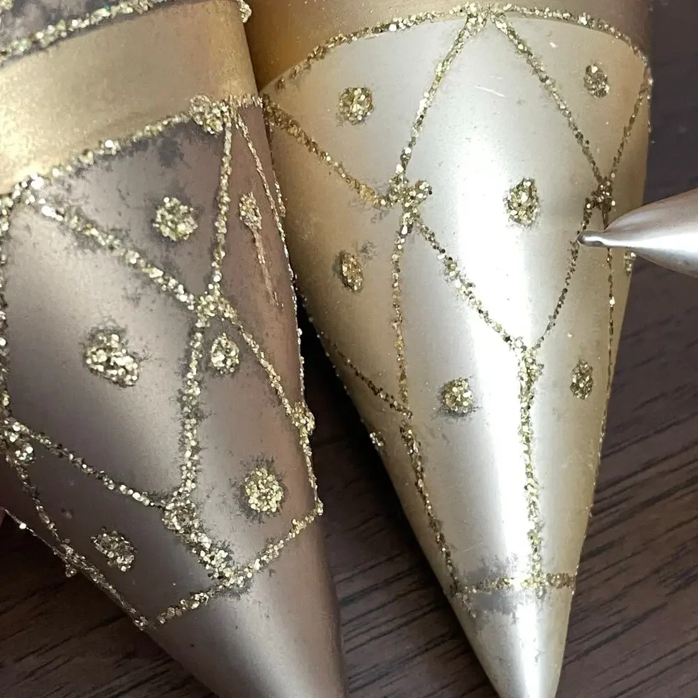 Hand Blown Gold Fluted Ornaments Glitter Lot of 6 Vtg Large Teardrop READ